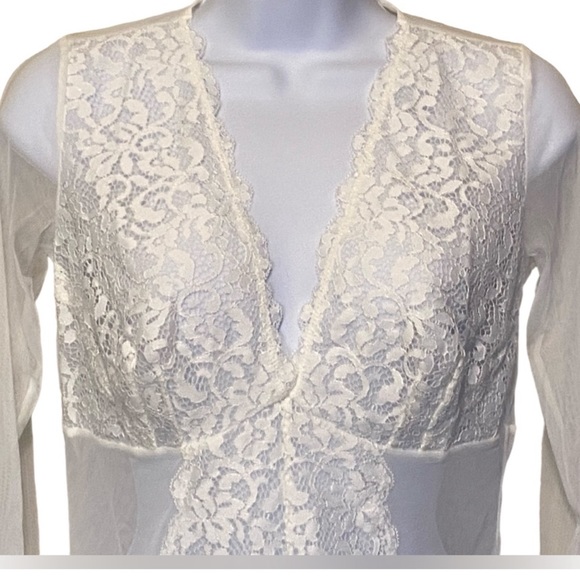 NEW INC International Concepts Long Sleeve Lace Mesh Thong Washed White Bodysuit - Picture 6 of 11